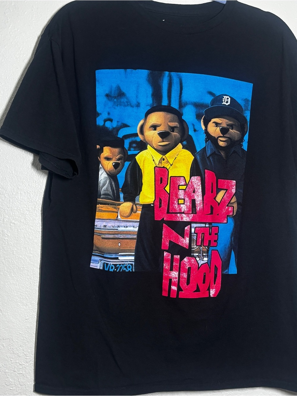 Vibe Black Tee with Blue, Yellow & Pink Bear Graphic